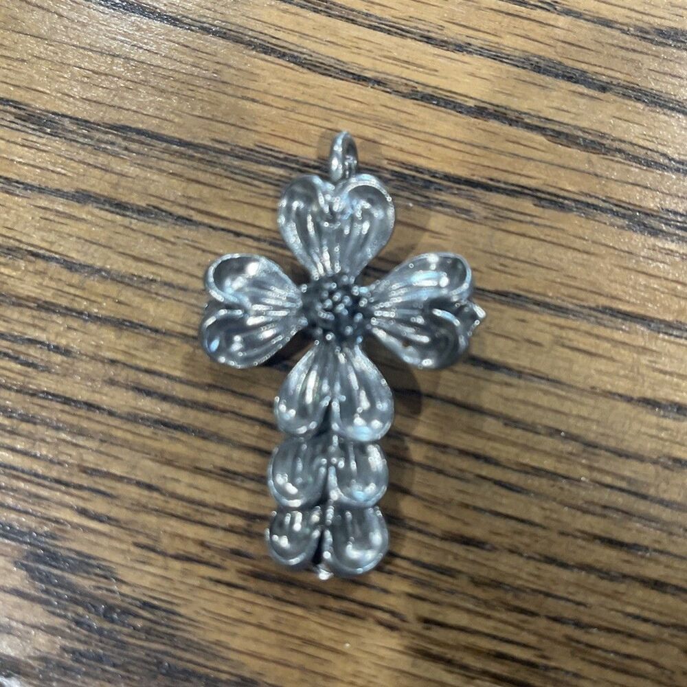 Vintage Dogwood Cross Pendant For Necklace Silvertone signed Marcie USA